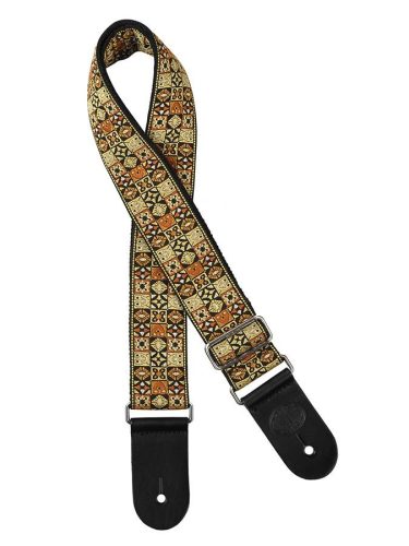 GST-186-GD Gaucho Traditional Series guitar strap, 2 jacquard weave, leather slips, gold mosaic