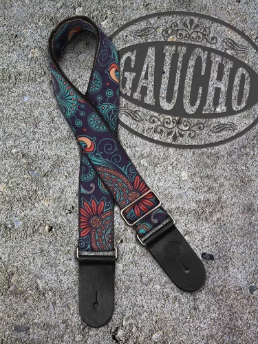 GST-191-02 Gaucho Traditional Series guitar strap, 2 jacquard weave, leather slips, multi colors