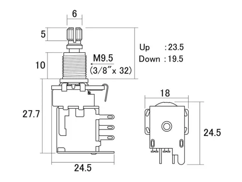 H-PPUSH500A Hosco Japan  500K DPDT push-push audio taper potentiometer, 10mm bushing M9,5 (3/8"), for metric knobs