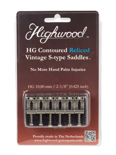 HG108-NIR Highwood  contoured vintage S-style bridge saddles 10,80mm string spacing, nickel RELICED, set of 6
