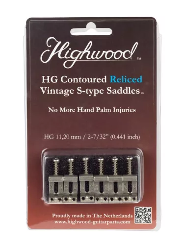 HG112-NIR Highwood  contoured vintage S-style bridge saddles 11,20mm string spacing, nickel RELICED, set of 6