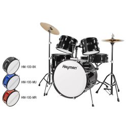   HM-100-BK Hayman Start Series 5-piece drum kit, black single braced stands, drum throne, cymbals & sticks, black