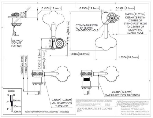 HS0670C Hipshot  HB6 3/8" USA Ultralite bass tuning machine, chrome, clover key