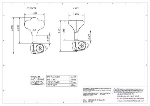 HS0675KCT Hipshot  HB6 1/2" licensed Ultralite bass tuning machine, chrome, clover key, treble side