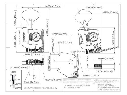 HS20200N Hipshot  BT2 Bass Xtender, for '67-'82 USA F-style and Schaller BMF, clover key, nickel