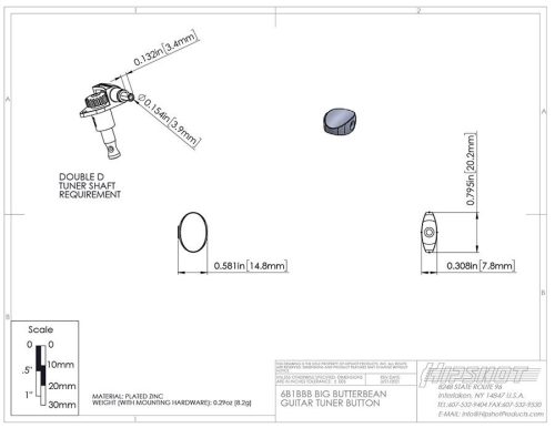 HS6B1BBBB Hipshot  big butter bean guitar tuner button, black