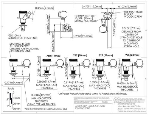HS6K1EL0CST Hipshot  guitar tuner upgrade kit, 6 inline Grip-Lock, closed chrome staggered