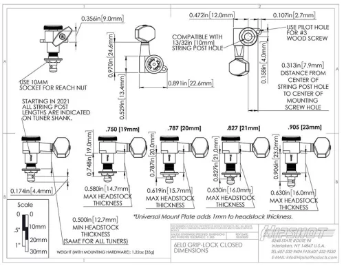 HS6K1EL0SST Hipshot  guitar tuner upgrade kit, 6 inline Grip-Lock, closed satin staggered