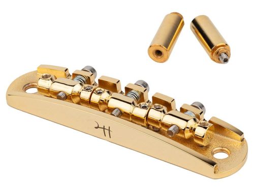 JB-1144-11-A Halon offset guitar bridge, imperial posts, full 1060 steel, gold plated gloss