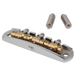   JB-1331-12-M Halon offset guitar bridge, metric posts, chrome gloss 1060 steel bridge plate, satin raw MS-58 brass saddles
