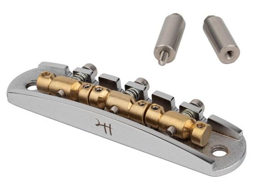 JB-1331-12-M Halon offset guitar bridge, metric posts, chrome gloss 1060 steel bridge plate, satin raw MS-58 brass saddles