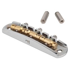   JB-1331-12-R Halon offset guitar bridge, rocking posts, chrome gloss 1060 steel bridge plate, satin raw MS-58 brass saddles