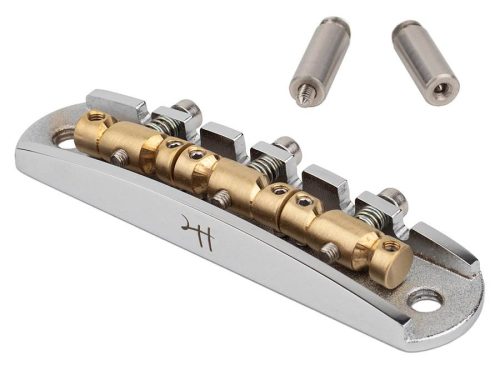 JB-1331-12-R Halon offset guitar bridge, rocking posts, chrome gloss 1060 steel bridge plate, satin raw MS-58 brass saddles