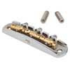 JB-1331-12-R Halon offset guitar bridge, rocking posts, chrome gloss 1060 steel bridge plate, satin raw MS-58 brass saddles