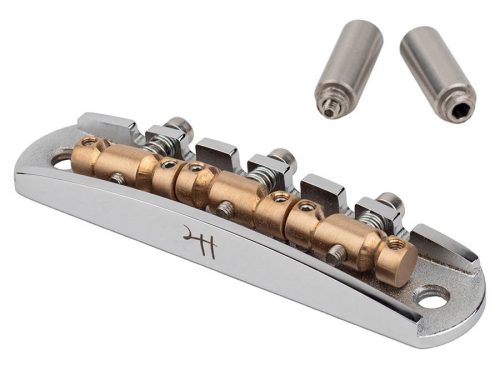 JB-1731-12-A Halon offset guitar bridge, imperial posts, chrome gloss 1060 steel bridge plate, satin raw phosphor bronze saddles