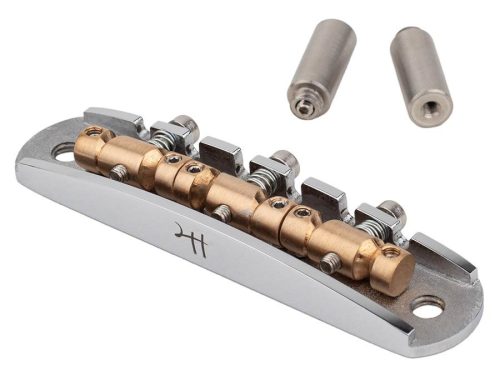 JB-1731-12-M Halon offset guitar bridge, metric posts, chrome gloss 1060 steel bridge plate, satin raw phosphor bronze saddles