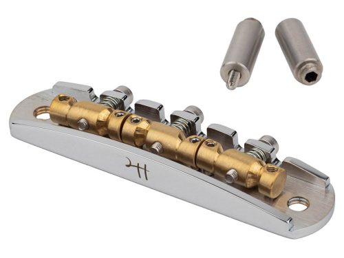 JB-3331-12-A Halon offset guitar bridge, imperial posts, full MS-58 brass, chrome gloss bridge plate, satin raw saddles