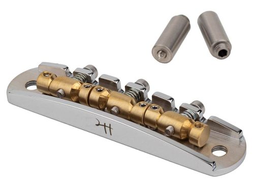 JB-3331-12-M Halon offset guitar bridge, metric posts, full MS-58 brass, chrome gloss bridge plate, satin raw saddles