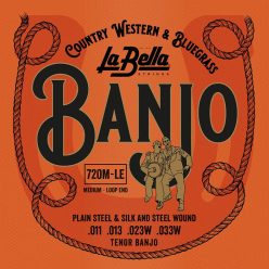   L-720M-LE La Bella Acoustic Folk string set tenor banjo, silver plated steel wound, loop ends, medium, 011-013-023-033