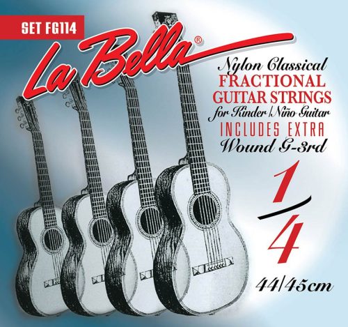 L-FG114 La Bella Fractional Series string set classic, clear nylon trebles & silverplated basses, extra G-3 (wound),1/4 scale