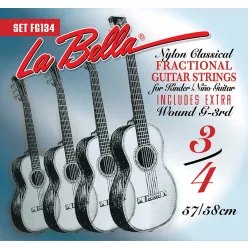   L-FG134 La Bella Fractional Series string set classic, clear nylon trebles & silverplated basses, extra G-3 (wound), 3/4 scale