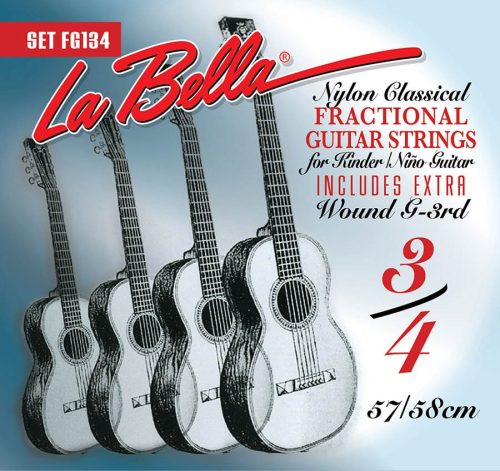 L-FG134 La Bella Fractional Series string set classic, clear nylon trebles & silverplated basses, extra G-3 (wound), 3/4 scale