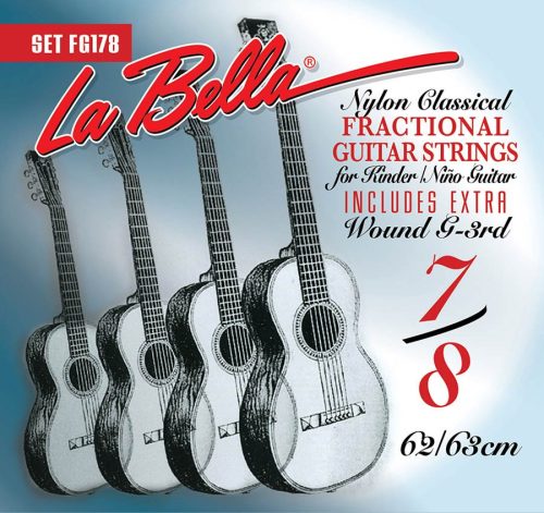 L-FG178 La Bella Fractional Series string set classic, clear nylon trebles & silverplated basses, extra G-3 (wound), 7/8 scale