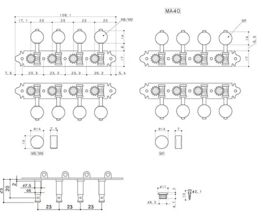 MA-40-MB-GG Gotoh  machine heads for A-style mandolin, metal shaft, 69 mm,  black button, gold