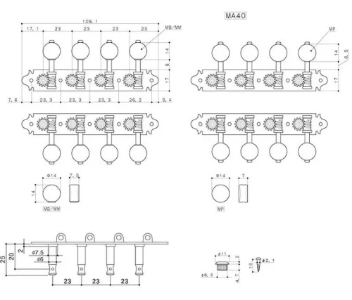 MA-40-MM-N Gotoh  machine heads for A-style mandolin, metal shaft, 69 mm,  ivory button, nickel