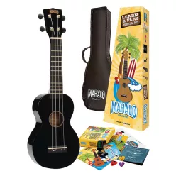   Mahalo MR1BKK Rainbow Series – pachet ukulele sopran, finisaj negru lucios, corzi Aquila Super Nylgut, prăguș NuBone XB, cheițe aurii, set complet Learn 2 Play