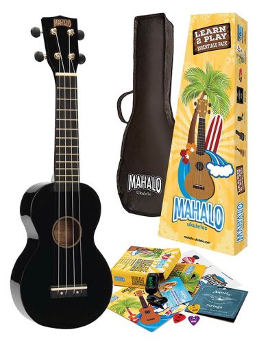 MR1BKK Mahalo Rainbow Series soprano ukulele pack, black, with essentials accessory pack