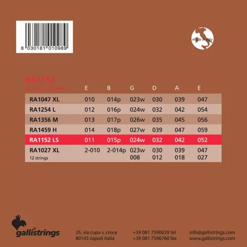 RA1152 Galli  string set acoustic 80/20 bronze wound, light special, 011-015-024-032-042-052
