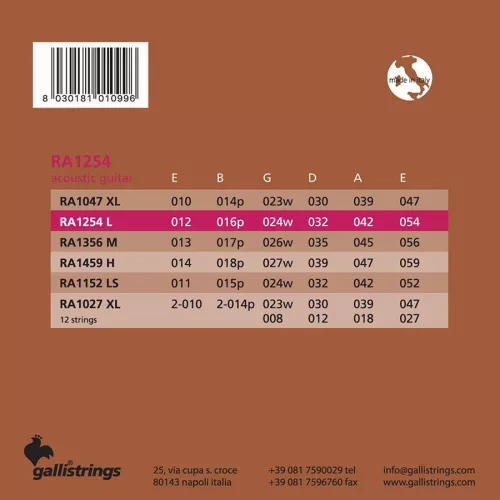 RA1254 Galli  string set acoustic 80/20 bronze wound, light, 012-016-024-032-042-054