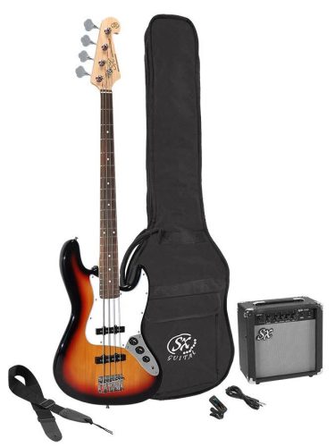 SB1SK-3TS SX  J-style electric bass guitar set, 15W amp, gig bag, tuner, cable, strap & 6 picks, 3 tone sunburst