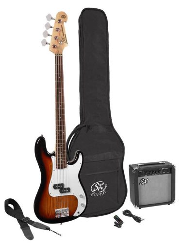 SB2SK-3TS SX  P-style electric bass guitar set, 15W amp, gig bag, tuner, cable, strap & 6 picks, 3 tone sunburst