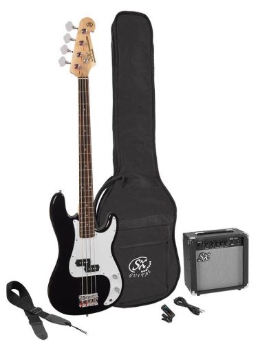 SB2SK-BK SX  P-style electric bass guitar set, 15W amp, gig bag, tuner, cable, strap & 6 picks, black