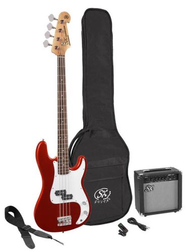 SB2SK-CAR SX  P-style electric bass guitar set, 15W amp, gig bag, tuner, cable, strap & 6 picks, candy apple red