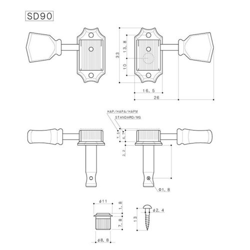 SD-90-MGTGG Gotoh  machine heads for guitar, 3x left+3x right, ratio 1:15, magnum lock, keystone button, gold
