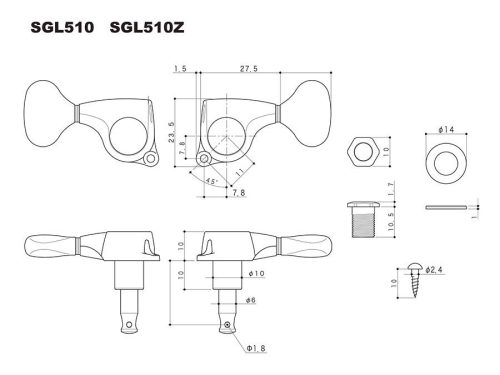 SGL-510 Z-C Gotoh  machine heads for guitar, 3x left+3x right, ratio 1:21,  black button, chrome