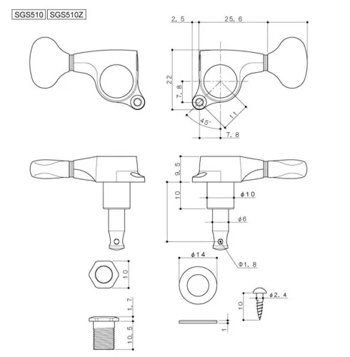 SGS-510-C Gotoh  machine heads for guitar, 3xL+3xR, ratio 1:15, height adjustable post, magnum lock, chrome button