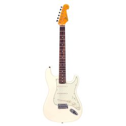   SX SST62-VWH Retro Series E-Gitarre – 62er Vintage Stil, 3 Single Coils, Vintage Tremolo, Linde-Korpus, Weiß (Vintage Finish), mit Gigbag
