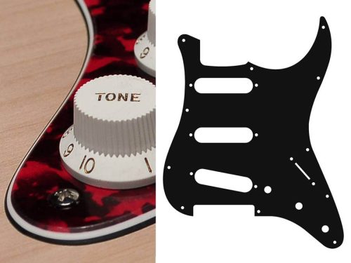 ST-313-RR Boston  pickguard, Stallion, standard, SSS, 3 pot holes, 3-5 switch, 3 ply, tiger red