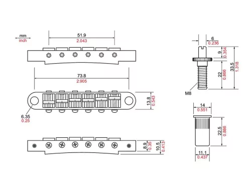 T3BT-BK TonePros  T3BT tune-o-matic bridge, metric/for import guitars, black