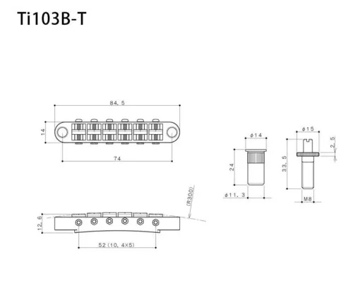 Ti-103B-T-N Gotoh  bridge for e-guitar, "tune-o-matic" stud spacing 74,0mm, titanium saddles, nickel