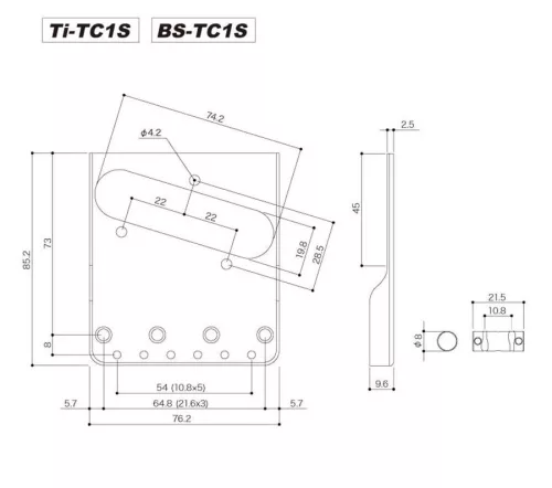 Ti-TC1S Gotoh  bridge for e-guitar, Teaser, pitch 10,8mm, titanium "In-tune" saddles, nickel
