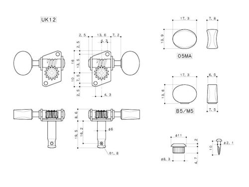 UK-12-05MAN Gotoh  machine heads for ukulele, ultra light, 1:14 ratio, white button, nickel