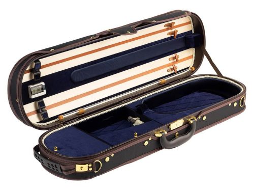 VC-LUX-BU Leonardo Lux series violin case 4/4, round oblong, wood, black, navy plush & silk interior, humidifier, accesory pocket