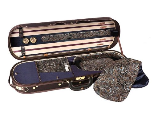 VC-LUX-EL Leonardo Lux series violin case 4/4, round oblong, wood, black, navy plush & silk interior, humidifier, accesory pocket